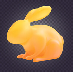 3d cartoon golden rabbit in realistic plastic style on isolated transparent background. Modern cute animal character. Yellow celebration symbol of 2023 year. Vector illustration.