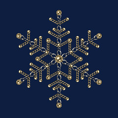 Fancy snowflake made of jewelry gold and silver chains with shiny ball beads. Elegant jewelry illustration for winter sales, christmas, new year holiday, gift decoration.