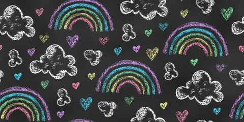Seamless Pattern of Chalk Drawn Sketches Rainbows, Clouds, Hearts on Chalkboard Backdrop. Stylized Grunge Endless Motif.