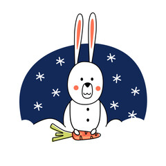 The rabbit sits in a snowdrift and holds a carrot on a blue background and snowflakes. Cute stylized rabbit. Funny doodles on the New Year theme.