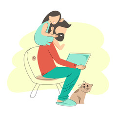 Remote work with a child, freelance. A father is trying to work from home on a laptop with his daughter. Flat vector illustration.