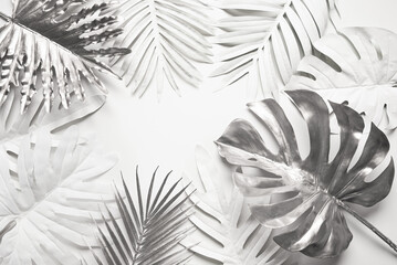 Collection of tropical leaves,foliage in elegance style with silver and white color.