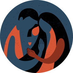 Father, mother and daughter. Silhouette of a happy family on a blue background. Stylized flat vector illustration.