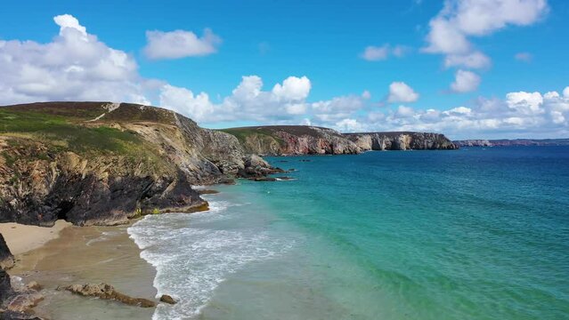 Beautiful sea landscape, beautiful rocky coast, view from the drone 4k, Crozon in France.