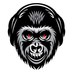 Monkey head template with headphones, smile and red eyes. Vector color illustration