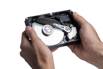 Open hdd in hands on white background close up