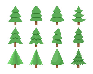 Collection set of 12 Christmas trees. Vector illustration flat cartoon design.