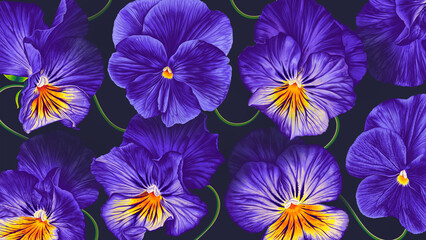 Naklejka na ściany i meble Large floral background with dark purple, blue flowers Pansies, Viola on dark background in desktop wallpaper for computer, tablet, cell phone, social media cover. Realistic highly detailed vector