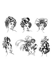 Frauenköpfe mit historische Frisuren