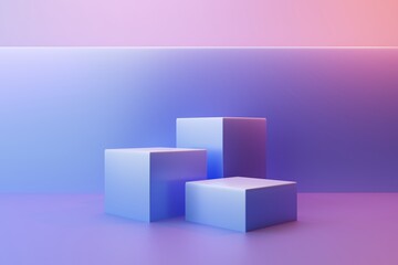 Three cubic podiums on a pink and blue background, 3d render