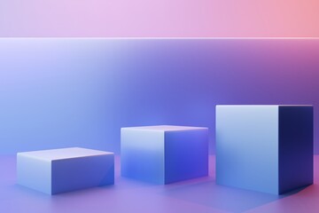 Three cubic pedestals on a pink and blue background, 3d render