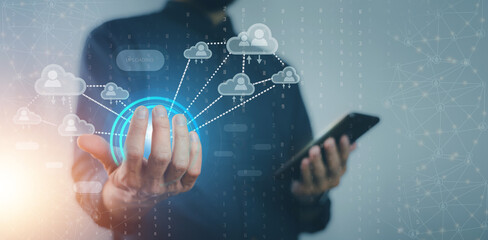 Technology cloud technology concept, Businessman using smartphone connecting to cloud computing on internet cloud computing server