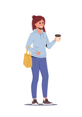 Young woman with bag in casual style drinks coffee. Young female stand and hold in hand coffee mug. Flat trendy vector illustration.