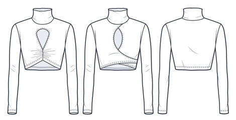 Women's Roll Neck Top, technical fashion illustration. Girl's Crop Top fashion flat technical drawing template, roll neck, long sleeve, cutouts, slim fit, wrapped, front, back view, white, CAD mocup.