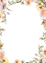 Watercolor Wildflowers Daisies Roses Convolvulus Asters Autumn Flowers Red Asters Red Dahlias for wedding postcard