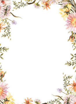 Watercolor Wildflowers Daisies Roses Convolvulus Asters Autumn Flowers Red Asters Red Dahlias for wedding postcard