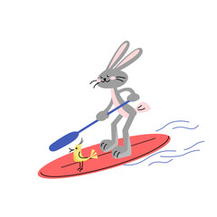 Happy rabbit is paddling with paddle board on the water. Sup boarding outdoor activity. Vector isolated colorful illustration in flat style.	