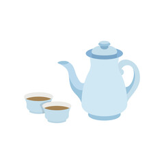 Blue teapot with two cups on white background, flat style