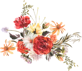Gardinen Watercolor Wildflowers Daisies Roses Convolvulus Asters Autumn Flowers Red Asters Red Dahlias for wedding postcard © Nadi