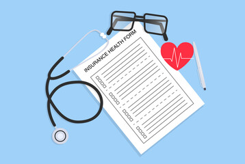 Health insurance form vector banner. Stethoscope and glasses lying on a piece of paper