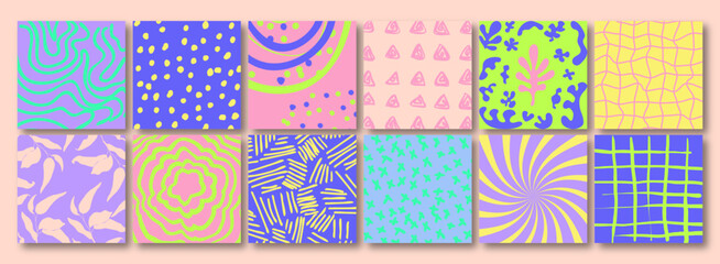 Retro Neon Groovy social media backgrounds. 70's, 80s Vibes. Trendy 90s, Y2k aesthetic. Abstract collage set Matisse inspired with scribbles curves. minimalist geometric silhouette composition.