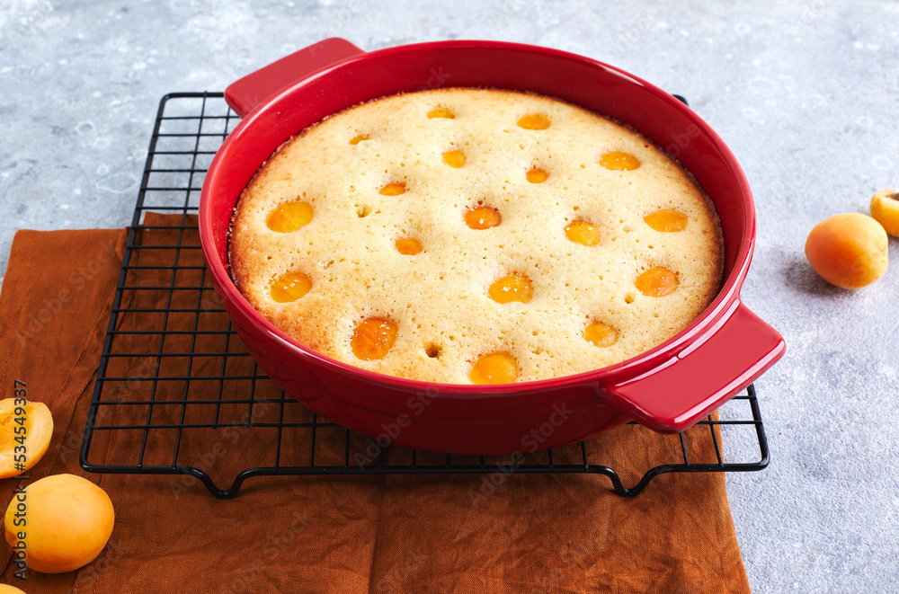 Poster Delicious homemade apricot pie with fresh apricots in red baking dish on gray background. Summer fruit pie.