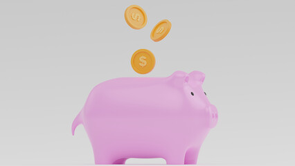 3D render of realistic pink piggy bank pig sideways with falling gold coins with empty space for the text. Concept of financial savings, success, growth, Earning profit.