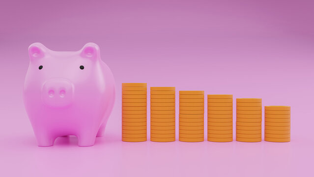 3D render of realistic pink piggy bank pig frontw with a pile of dollar ladder coins with empty space for the text. Concept of financial savings, success, growth, Earning profit.