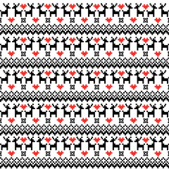Winter sweater pattern with deers, snowflakes and red hearts