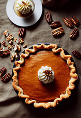 Digital art of a thanksgiving pumpkin pie with pecans, 3d rendering