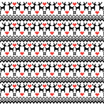 Winter sweater pattern with deers, snowflakes and red hearts