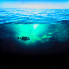 Illustration of an ocean cleaning robot or an exploratory robot, with an underwater and above water view