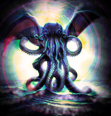 Illustration of Cthulhu mind control or of a Mind Flayer type creature causing confusion and hysteria
