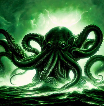 Illustration Of A Giant Squid Or Of Cthulhu Arising From The Deep Sea And Ocean