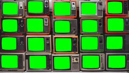 Twenty vintage televisions with chroma key green screen for designer. Pattern wall of pile old...