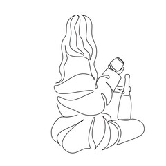 Woman with wine glass line draw. Drawing with one continuous line. Linear glamor logo in a minimalistic style for a wine label.