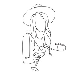 Woman with wine glass line draw. Drawing with one continuous line. Linear glamor logo in a minimalistic style for a wine label.