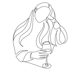 Woman with wine glass line draw. Drawing with one continuous line. Linear glamor logo in a minimalistic style for a wine label.