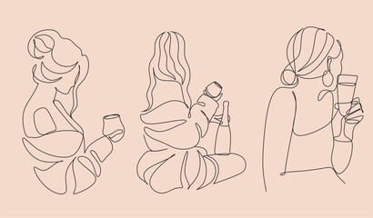 Girl drinks wine or champagne from a glass. Linear silhouette of a woman with a glass goblet. Drawing in one continuous line. Linear glamour logo in minimal for wine label.