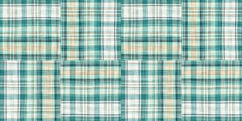 Teal rustic coastal beach house border check fabric tile. Seamless sailor flannel edging trim textile. Gingham rustic banner ribbon endless tape.