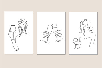 Set of 3 art poster of Woman with wine glass line art. Girl drinks wine or champagne from a glass. Linear silhouette of a woman with a glass goblet. Drawing in one continuous line. Minimalist logo