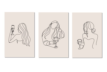 Set of 3 art poster of Woman with wine glass line art. Girl drinks wine or champagne from a glass. Linear silhouette of a woman with a glass goblet. Drawing in one continuous line. Minimalist logo