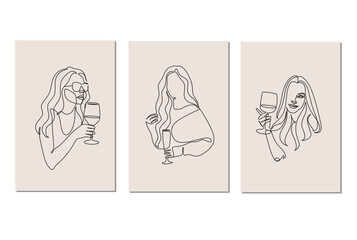 Set of 3 art poster of Woman with wine glass line art. Girl drinks wine or champagne from a glass. Linear silhouette of a woman with a glass goblet. Drawing in one continuous line. Minimalist logo