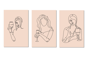 Set of 3 art poster of Woman with wine glass line art. Girl drinks wine or champagne from a glass. Linear silhouette of a woman with a glass goblet. Drawing in one continuous line. Minimalist logo