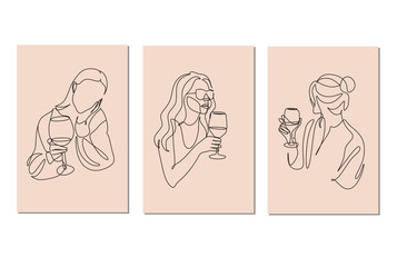 Set of 3 art poster of Woman with wine glass line art. Girl drinks wine or champagne from a glass. Linear silhouette of a woman with a glass goblet. Drawing in one continuous line. Minimalist logo