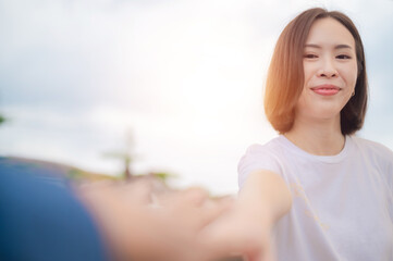 Asian woman smiling look at camera, Japanese women smile