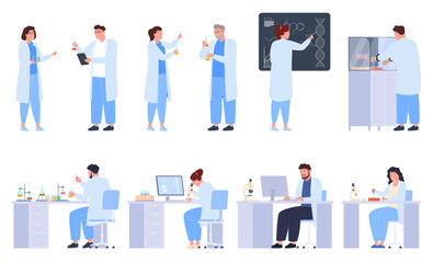 Staff of academic scientists. Conducting pharmaceutical research with scientific equipment. Biological chemical experiments. Vector illustration