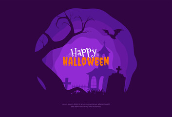 Happy Halloween. Banner with scary silhouettes of trees, graves and abandoned buildings. Halloween background. Vector illustration