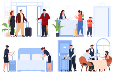 Service staff of the hotel. Have a nice rest on the trip. Vector illustration