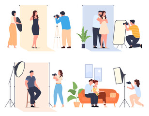 Photo session in a photo studio. Professional photographers photograph models and ordinary people. Vector illustration